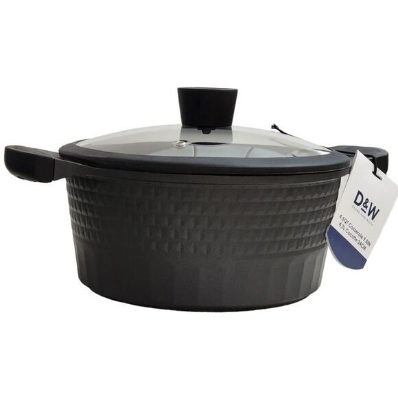 D&W Cookware 9.5in Non Stick Stockpot Casserole Pot With Glass Lid 4.5QT Black
